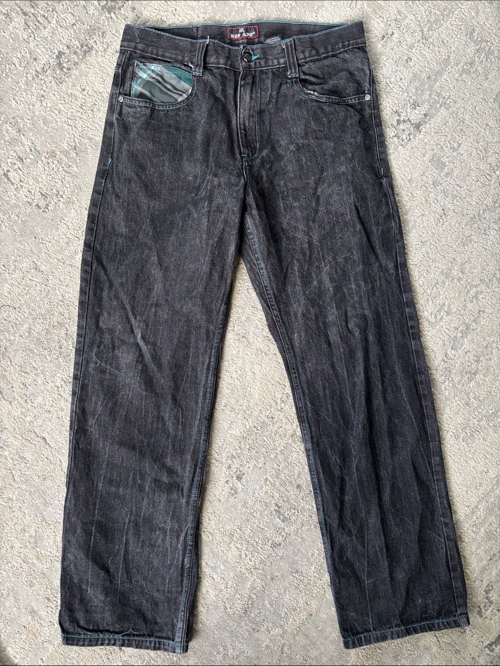 Y2K Red Ape Men's Black Jeans with Teal Stitching and Pocket Detail